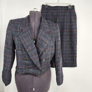 Vintage Norton McNaughton 1980s/90s Gray Herringbone Jacket Skirt Suit Set